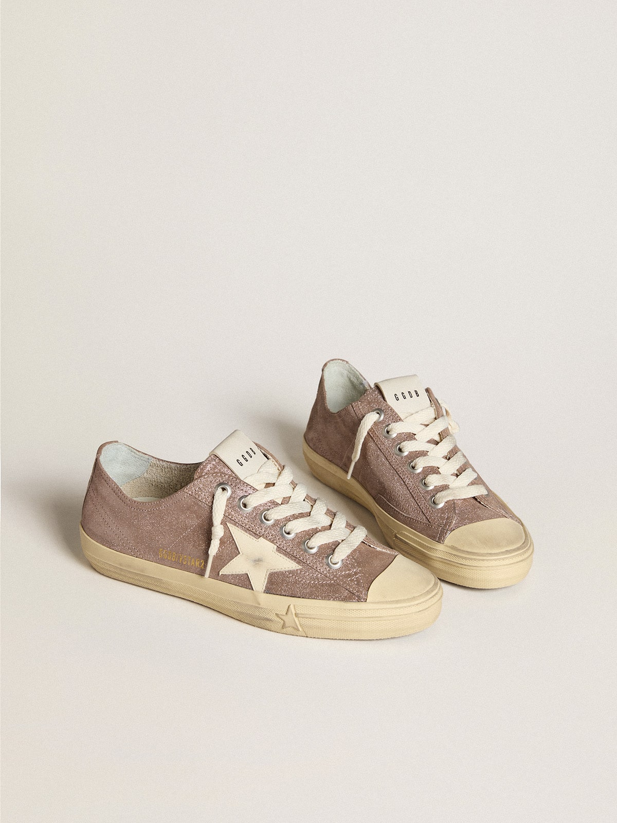 Golden Goose Women’s V-Star In Light Brown Metallic Suede With Cream Leather Star - Mind Türkiye