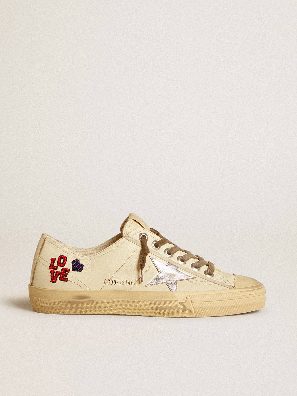 Golden Goose V-Star In Ecru Nappa With Silver Nappa Star And Beaded Embroidery