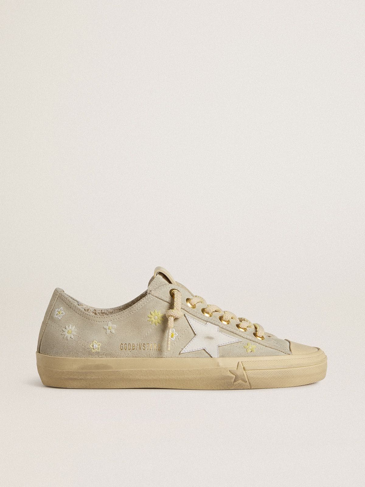 Golden Goose Women’s V-Star In Ice-Gray Suede With White Leather Star And Floral Embroidery - Mind Türkiye
