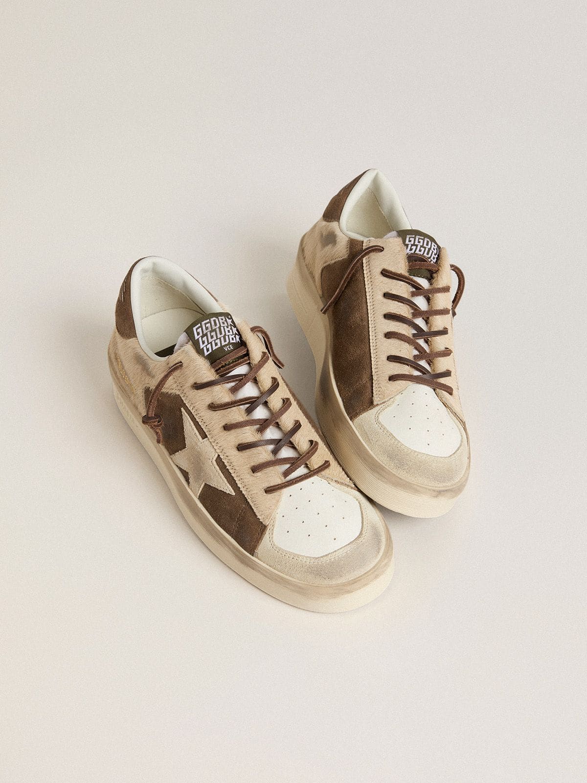 Golden Goose Women’s Stardan In Military-Green Suede And Beige Pony Skin With Beige Suede Star - Mind Türkiye