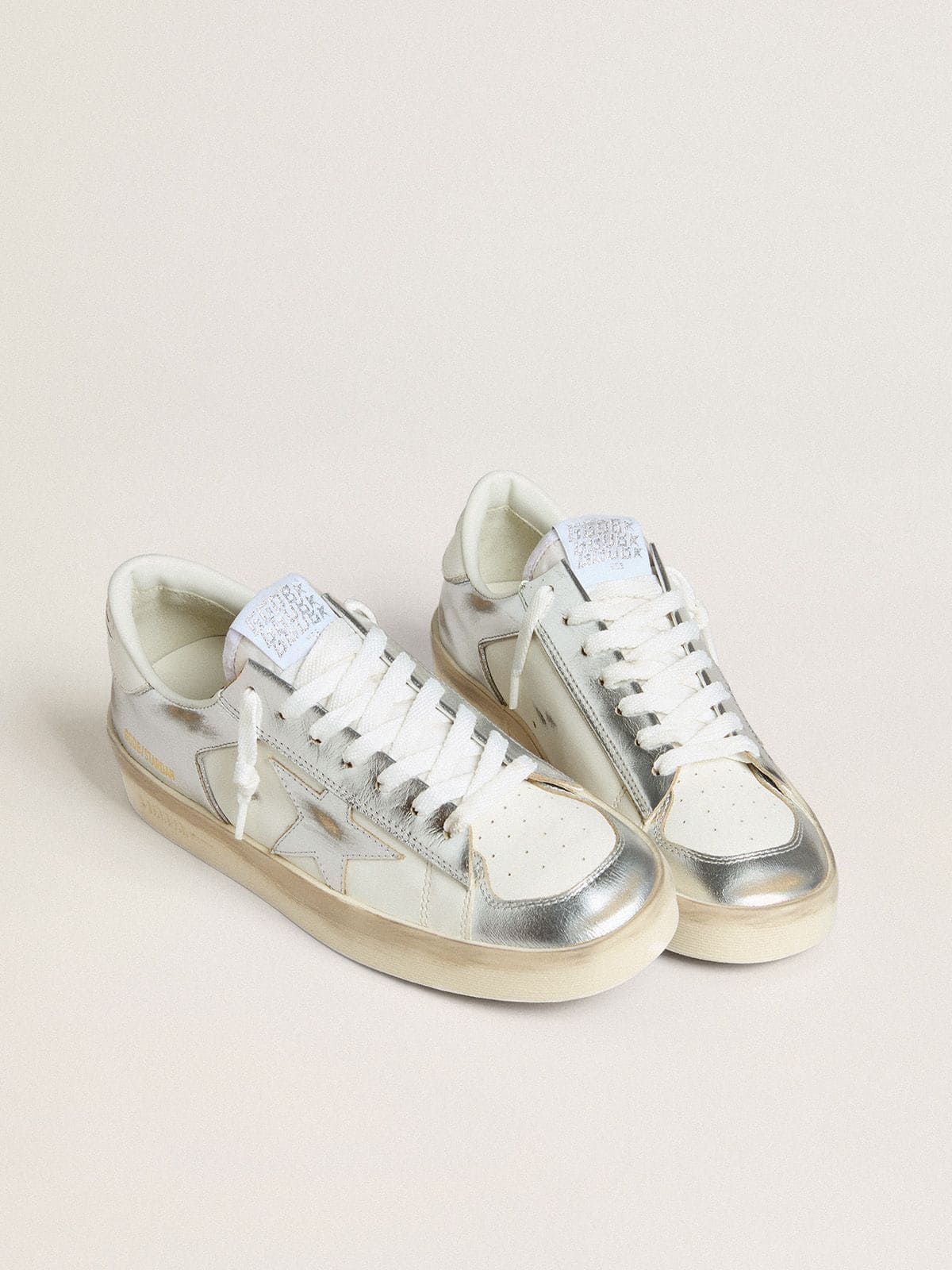 Golden Goose Stardan In Silver Foiled Leather With White Heel Tab - Mind Türkiye