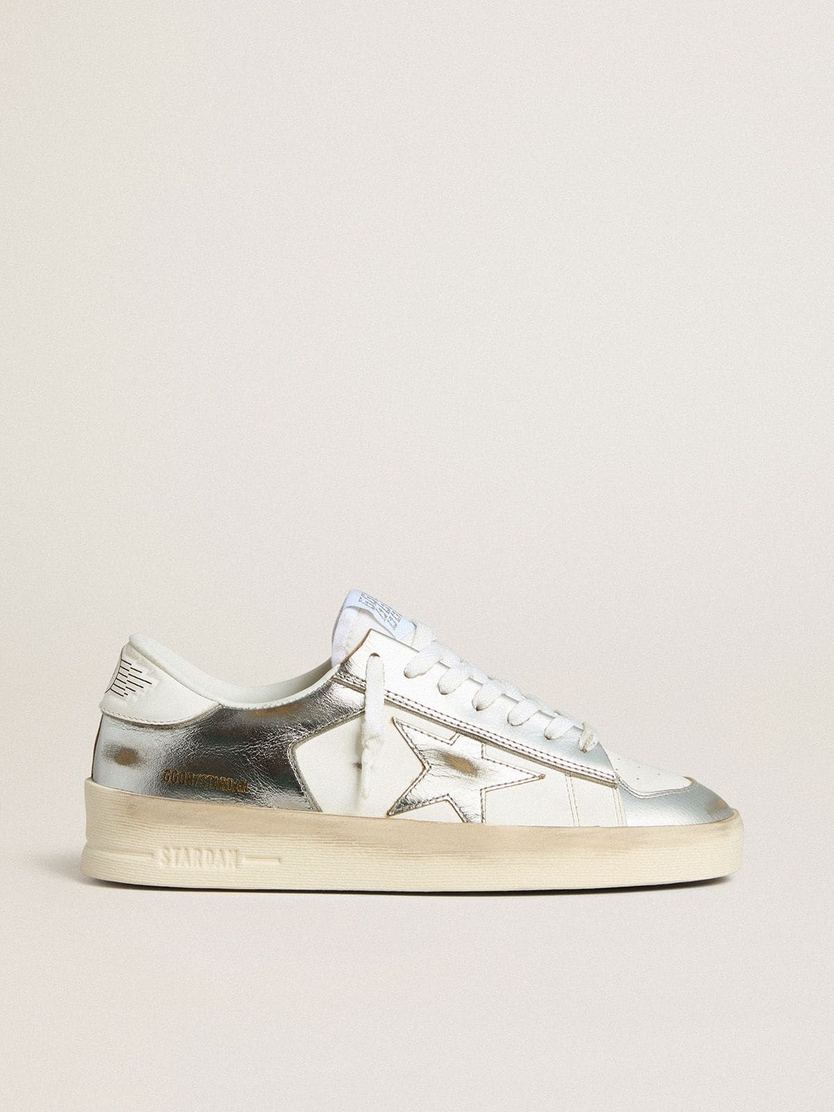 Golden Goose Stardan In Silver Foiled Leather With White Heel Tab