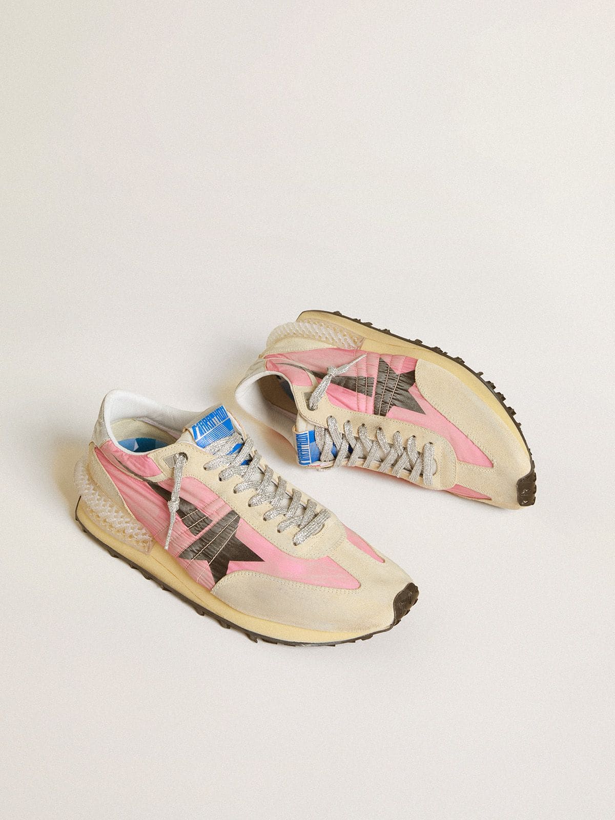 Golden Goose Women’s Marathon In Pink Nylon And Beige Suede With Black Printed Star - Mind Türkiye