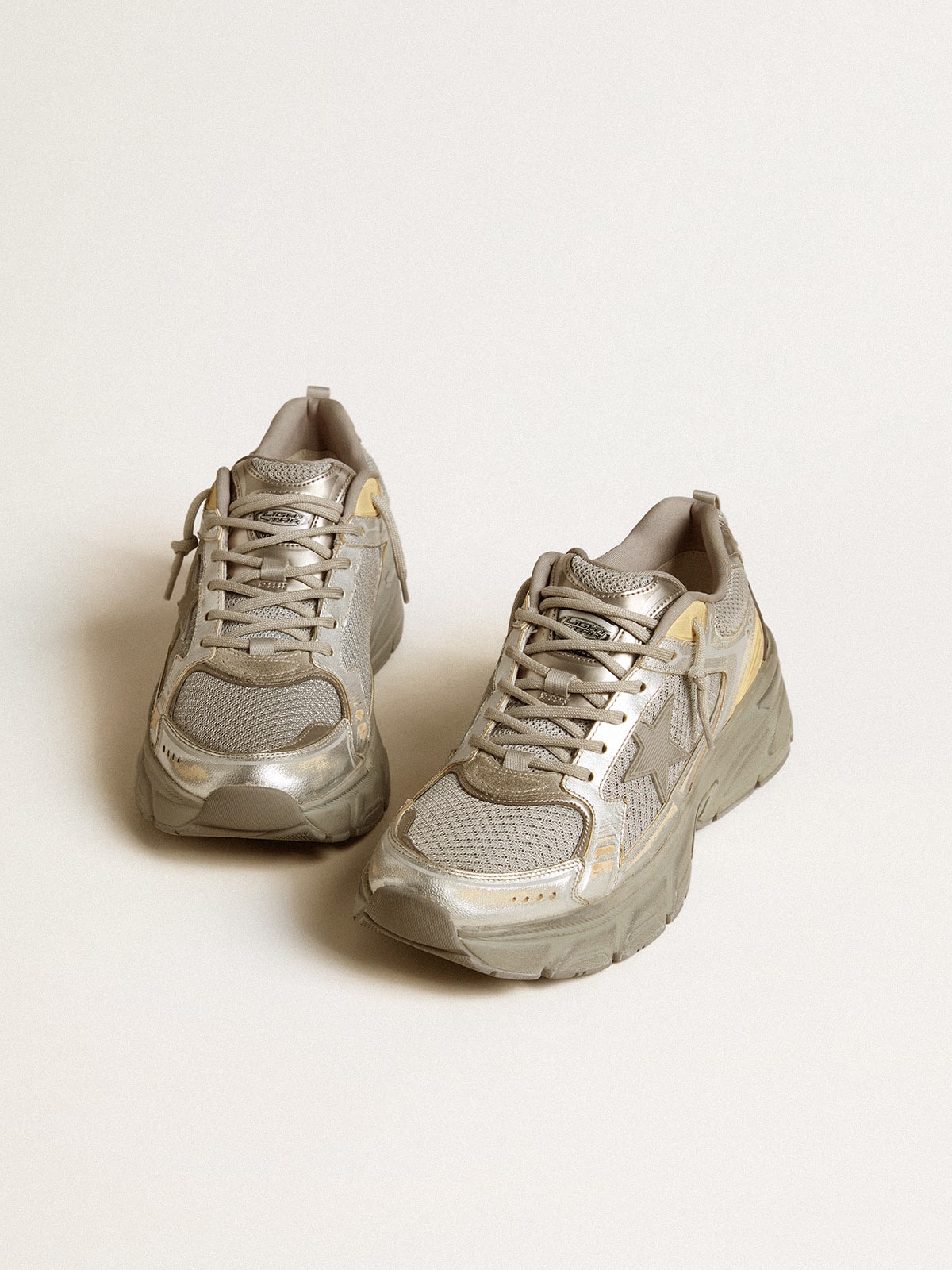 Golden Goose Women’s Lightstar In Metallic Leather And Silver Mesh With Gray Star - Mind Türkiye