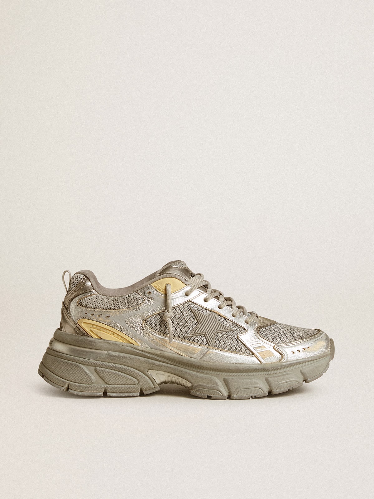 Golden Goose Women’s Lightstar In Metallic Leather And Silver Mesh With Gray Star - Mind Türkiye