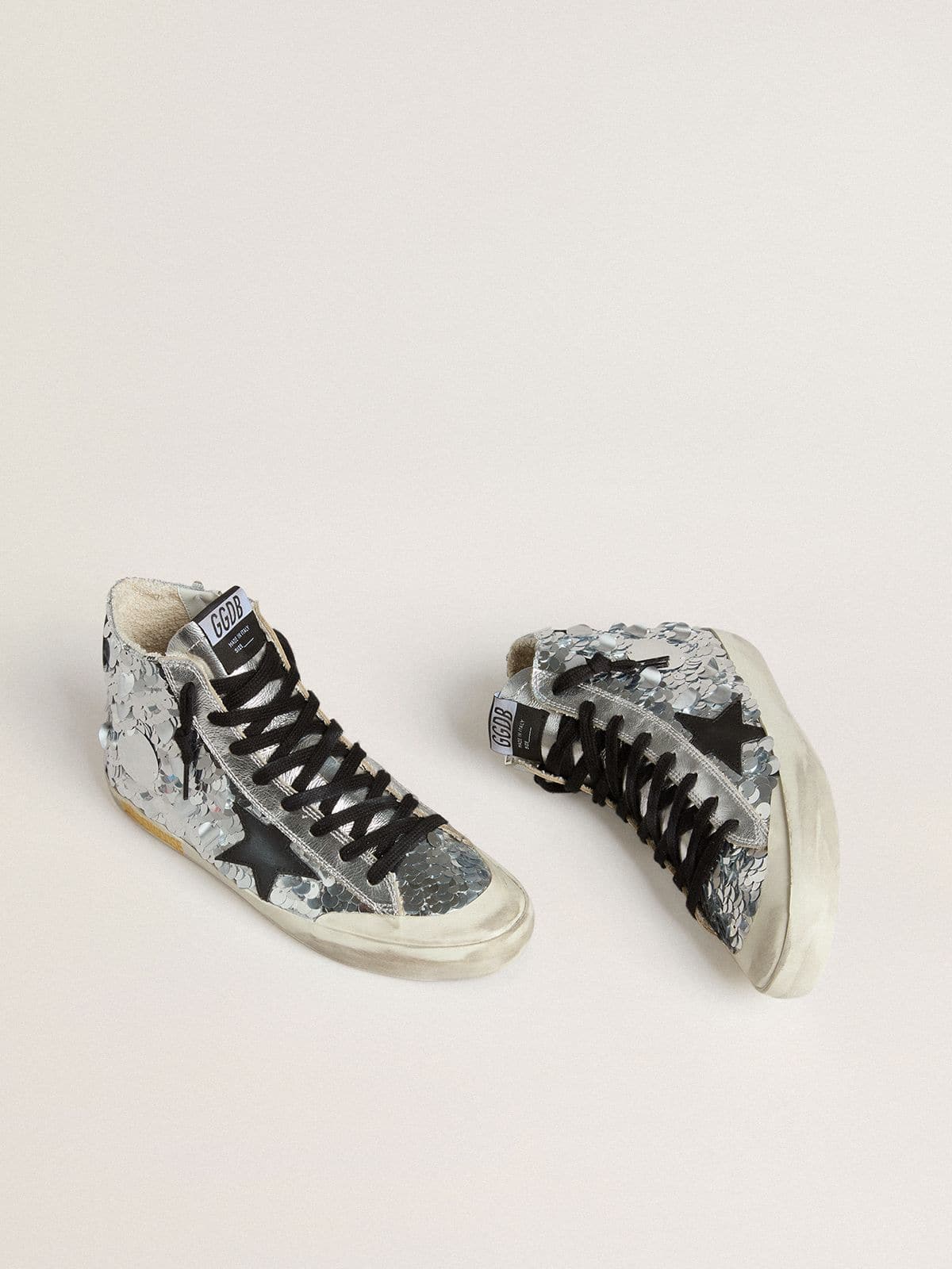 Golden Goose Women’s Francy In Nylon With All-Over Silver Sequins And Black Leather Star - Mind Türkiye