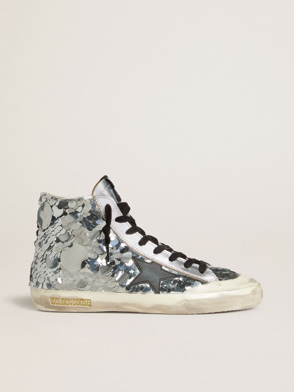 Golden Goose Women’s Francy In Nylon With All-Over Silver Sequins And Black Leather Star - Mind Türkiye